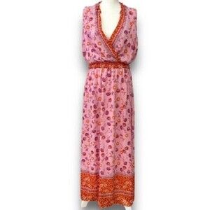 Maison Tara Women's Spring Maxi Dress Pink Orange 10 Floral Bohemian Sleeveless‎